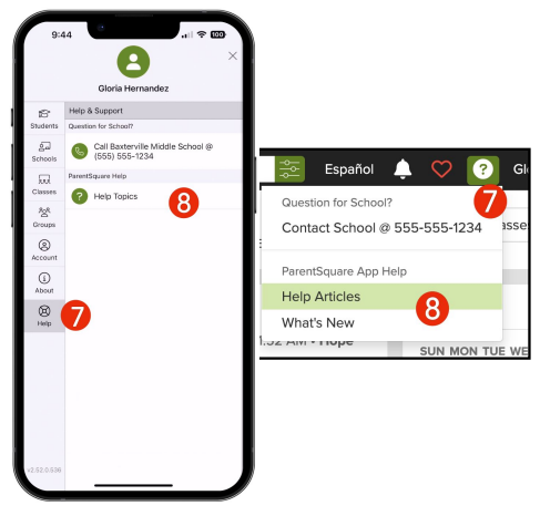 Smartphone app and computer web browser showing help icons.
