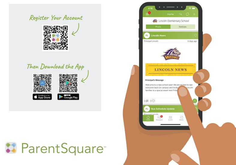 Parent Square QR Codes to register account and to download app in App Store or Google Play Parent Square QR Codes to register account and to download app in App Store or Google Play